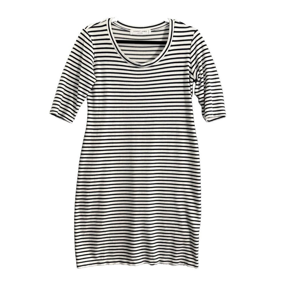 SONNET JAMES Women A Play Dress‎ Sz S Blue White Striped Jersey Coastal 38-1